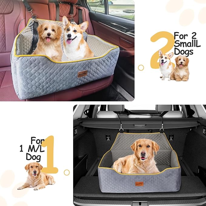 Car Seat for Large/Medium Dogs or 2 Small - Memory Foam Bed, Pet Safety Booster for Back Seats, Detachable Washable, Carriers Travel