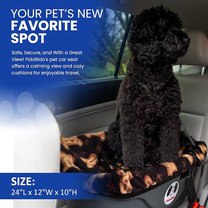 FidoRido Dog Car Seat - Pet Booster Seat for Small to Large Dogs with Comfortable Cushions, Sherpa Cover, and Safety Straps, Easy to Install, Ideal for Travel, Black with Tan Bones - Large Harness