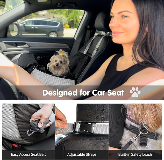 ALVOD Dog Car Seat for Small Dogs - Puppy Dog Booster Car Seat with Storage Pockets, Waterproof & Thickened Memory Foam Filling Up to 25lbs (Black)