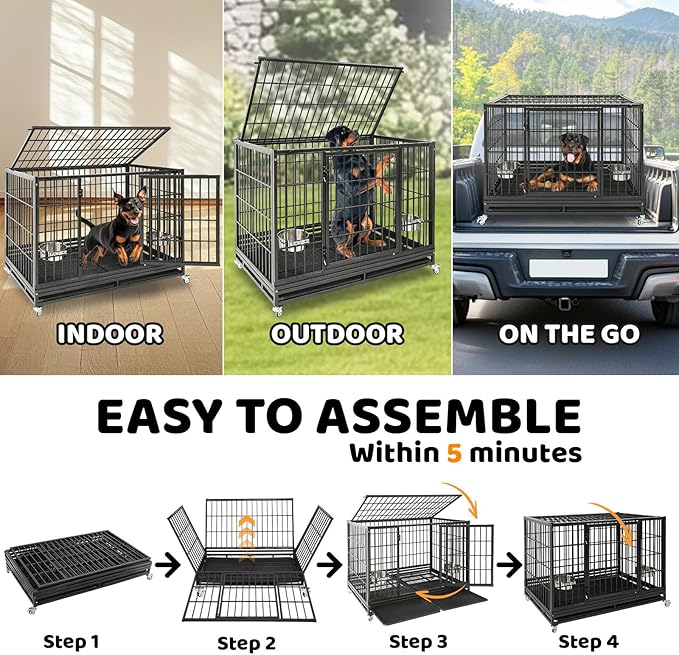 Homey Pet 48 Inch Heavy Duty Indestructible Dog Crate, Stackable Escape Proof Dog Cage Kennel Indoor with Two Trays, Metal Grids, Wheels, Bowls, Double Doors for High Anxiety Large Dogs