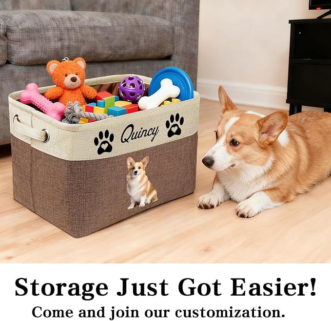 Personalized Dog Toy Storage Basket Custom Dog Name Photo Cat Pet's Gift Baskets Collapsible Organizer Box Foldable Storage Basket with Handle for Toys, Coats, Clothing, Blankets, Purple
