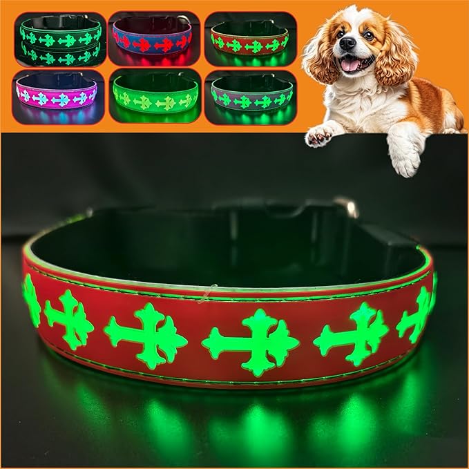 LED Dog Collar with ID Tag Set, Glowing Cross Pattern, Multiple Colors, Silicone Material (RED, M(11.8-15.7"))
