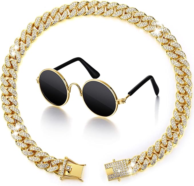 Xuniea 2 Pieces Cat Dog Chain Collar and Sunglasses Set Rhinestone Necklace with Secure Buckle Round Glasses for Doll Cat Dog Pet Accessories(14 Inch,Gold, Black)
