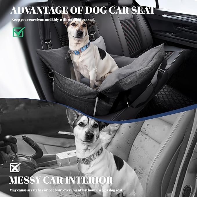 Daneey Dog Car Seat for Medium Dogs, Dog Booster Seat for Car, Fully Detachable Washable Dog Car Bed for Car Travel, Non-slip Safety Pet Car Seat with Seat Belt, Gray