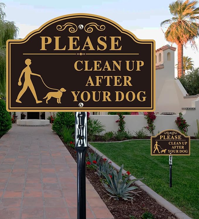 Please Clean Up After Your Dog Sign with 36-inch Metal Stakes, 12”x8” No Pooping Dog Signs for Yard, Aluminum,Rust-Free, 2Pack