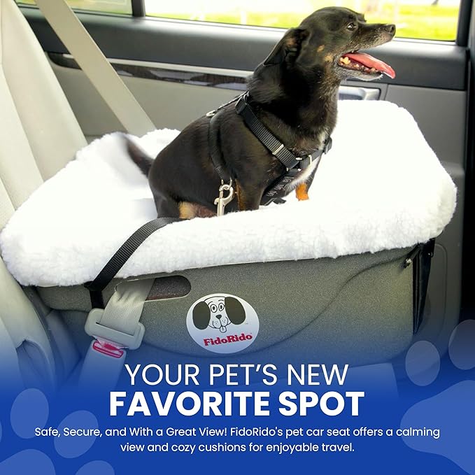 FidoRido Dog Car Seat - Pet Booster Seat for Small to Large Dogs with Comfortable Cushions, Sherpa Cover, and Safety Straps, Easy to Install, Ideal for Travel, White Sherpa - Medium Harness
