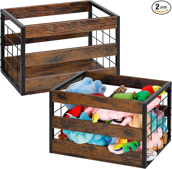 CADUKE Dog Toy Bin Set of 2, Metal Dog Toy Storage Baskets with Handles, Large Dog Toy Box, Durable Doy Toy Organizer, Perfect for Organizing Chew Toys, Puppy Leash, Accessories