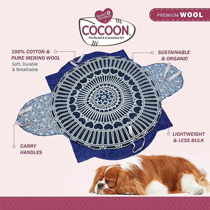 Cocoon® - Eco-Friendly Pet Burial & Cremation Ceremony Kit (Premium Wool) - Casket for Dogs and Cats (Choose Size & Color) (Large, Indigo)