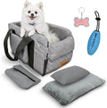 Center Console Dog Car Seat for Small Dogs & Puppies - Travel Carrier for Console with Built-in Safety Leash, Foldable Design, Dual-Sided Cushion, Puppy Booster & Bonus Blue Chew Toy (Gray)