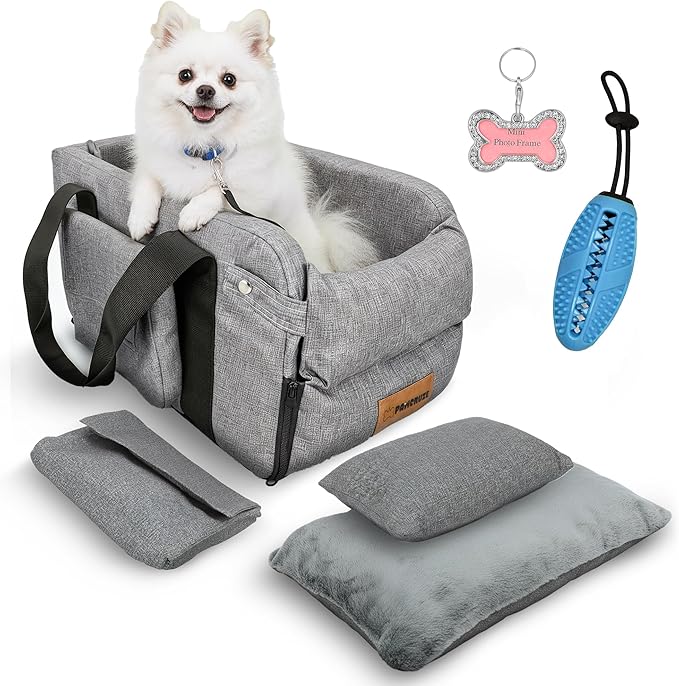 Center Console Dog Car Seat for Small Dogs & Puppies - Travel Carrier for Console with Built-in Safety Leash, Foldable Design, Dual-Sided Cushion, Puppy Booster & Bonus Blue Chew Toy (Gray)