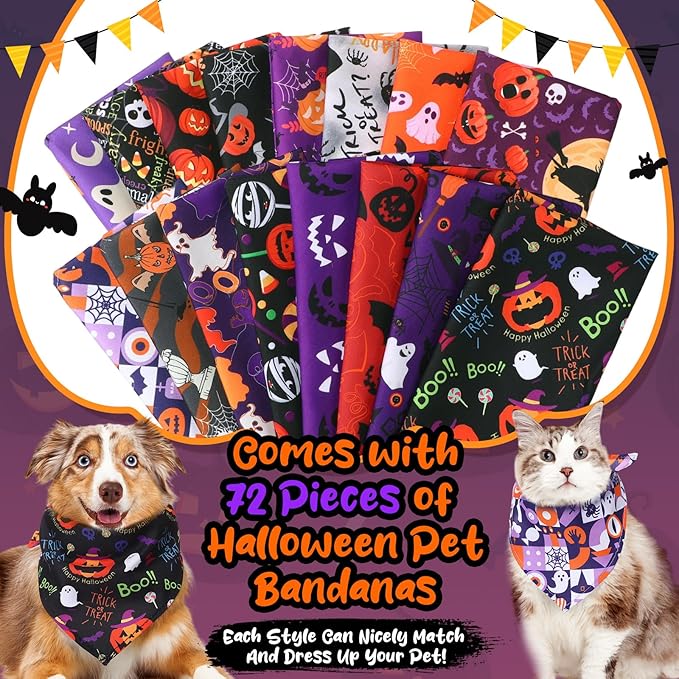 Reginary 72 Packs Halloween Dogs Bandanas Bulk Pet Scarf Pumpkins Bibs Adjustable Dog Bandana for Halloween Pet Costume