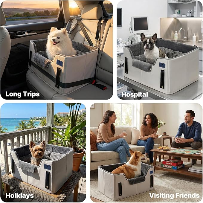 Veehoo 2-in-1 Dog Car Seat & Pet Bed, Portable Dog Booster Car Seats for Medium Small Dogs, Travel Cars Seat with Safety Leash, Non-Slip Bottom & Removable Washable Cover