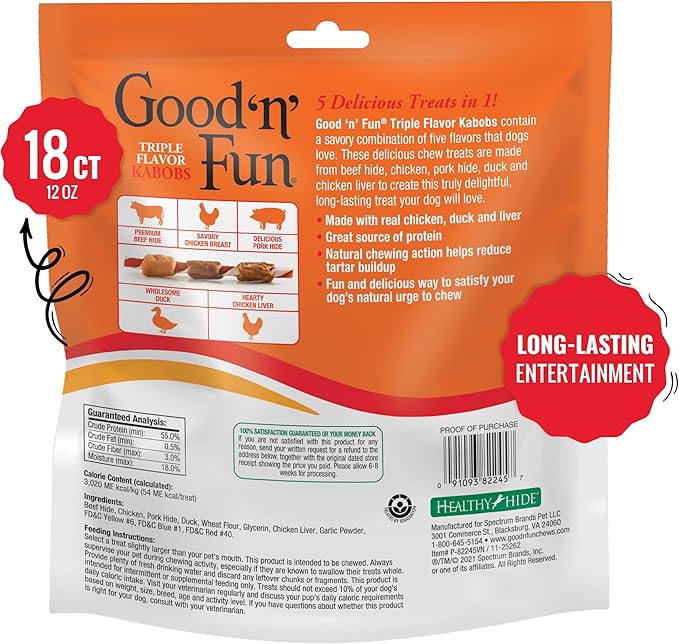 Good'n'Fun Triple Flavored Rawhide Kabobs for Dogs, Treat Your Dog 12-Ounce | 18 Count