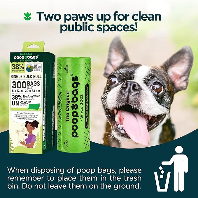 The Original Poop Bags® USDA Certified 38% Plant-Based Doggy Poop Bags Refills - Unscented, Leak-Proof & Strong, Single Bulk Roll, 300 Count