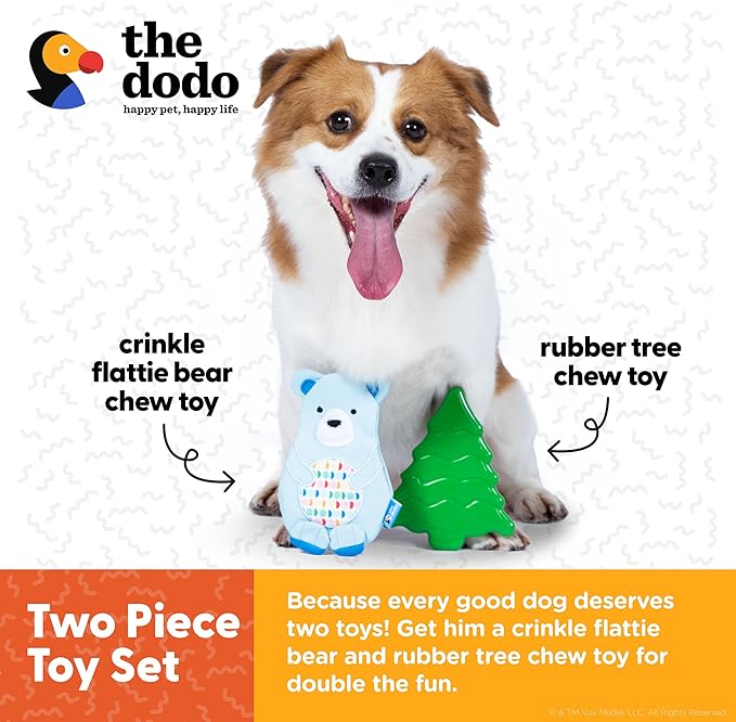The Dodo Woodland Animals Stuffingless 2pc Dog Toy Set: Bear & Tree; No Plush Squeaky Bear Flattie Dog Toy + Rubber Tree Chew Toy; Durable Toys for Dogs