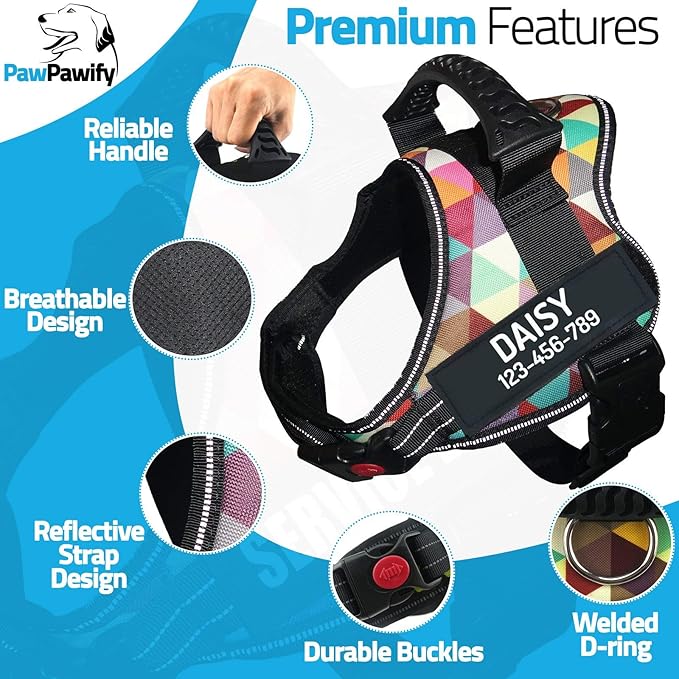 Personalized No Pull Dog Harness with Custom Name and Phone Number by PawPawify, Heavy Duty Pet Vest to Prevent Tugging, Pulling, or Choking, Training and Walking XXL Chest 33-46in Color Grid