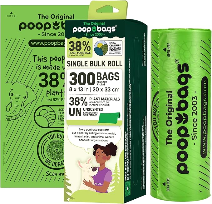 The Original Poop Bags® USDA Certified 38% Plant-Based Doggy Poop Bags Refills - Unscented, Leak-Proof & Strong, Single Bulk Roll, 300 Count