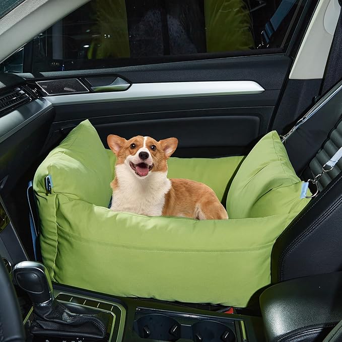 Dog Car Seat for Small Dogs, Waterproof Pet Booster Seat with Safety Leash & Storage Pockets, Thickened Comfort Bed Travel Carrier 24"x20"x13" (Green)