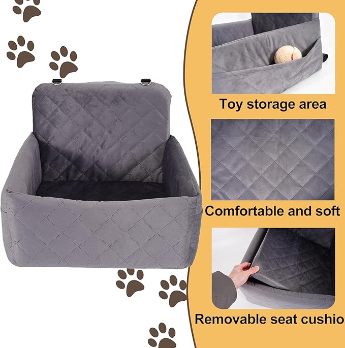 Dog Car Seat for Small Dogs Under 30 lbs, Memory Foam Booster Seat with Detachable Washable Cover, Travel-Safe Pet Car Bed with Safety Belts & Storage Pockets, Anti-Slip Bottom (Grey)