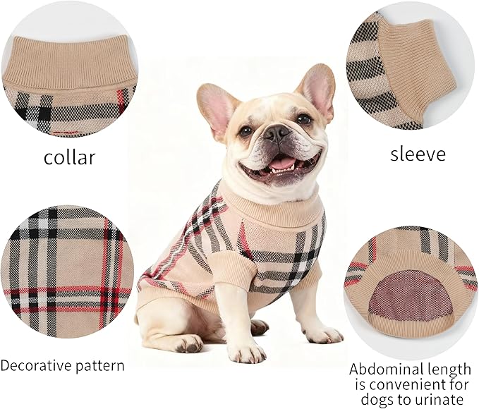 Small/Medium Dog Sweater, Warm Dog Winter Coat w/Sleeves, Comfortable High Neck & Leash Hole, Premium Dog Clothes for Bulldog-Best for Holidays, Daily Walks L Apricot