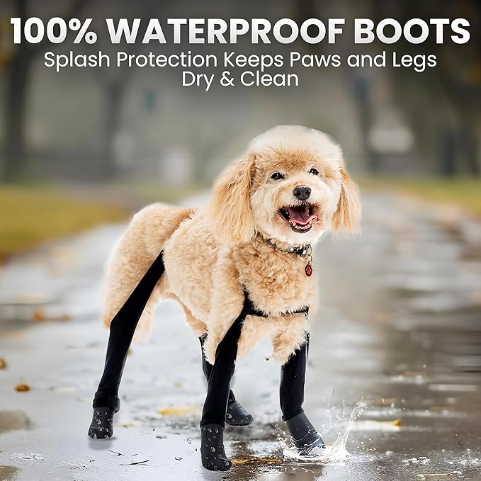 Updated Version - 100% Waterproof Dog Boots with Leggings – Stay-On Paw Protectors with Chest Strap for Rain & Snow, Anti-Slip Traction, Adjustable Fit, Machine Washable (Black, XS - Short)