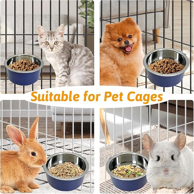 Hamiledyi Crate Dog Bowl Cat 2 Pcs Removable Stainless Steel Hanging No Spill Pet Bowl for Kennels Durable Detachable Design Fits Small Medium Dog Cages (Dark Blue