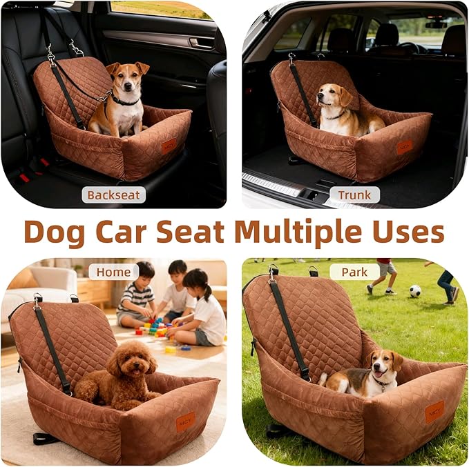 Dog Car Seat for Small Dogs, Fully Detachable and Washable Pet Booster Car Seats, Pet Travel Home Bed Ultra Soft Fabric, Adjustable Straps,Easy to Install, Brown