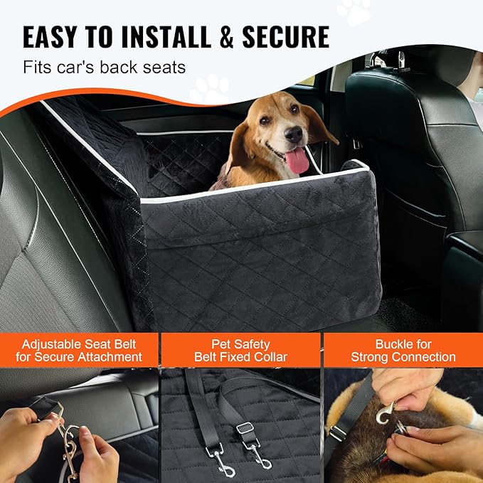 Happybuy Dog Car Seat, Dog Booster Seat for Car with A Storage Pocket, Pet Car Seat with Clip-On Safety Leash, Sponge Filling, Dog Car Bed for Medium & Large Dog up to 55 lbs, Black