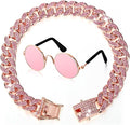 Xuniea 2 Pieces Cat Dog Chain Collar and Sunglasses Set Rhinestone Necklace with Secure Buckle Round Glasses for Doll Cat Dog Pet Accessories(12 Inch,Rose Gold, Pink)