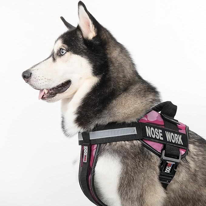 Dogline Unimax Dog Harness Vest with Nose Work Patches Adjustable Straps Breathable Neoprene for Identification Training Dogs Girth 36 to 46 in Pink Camo