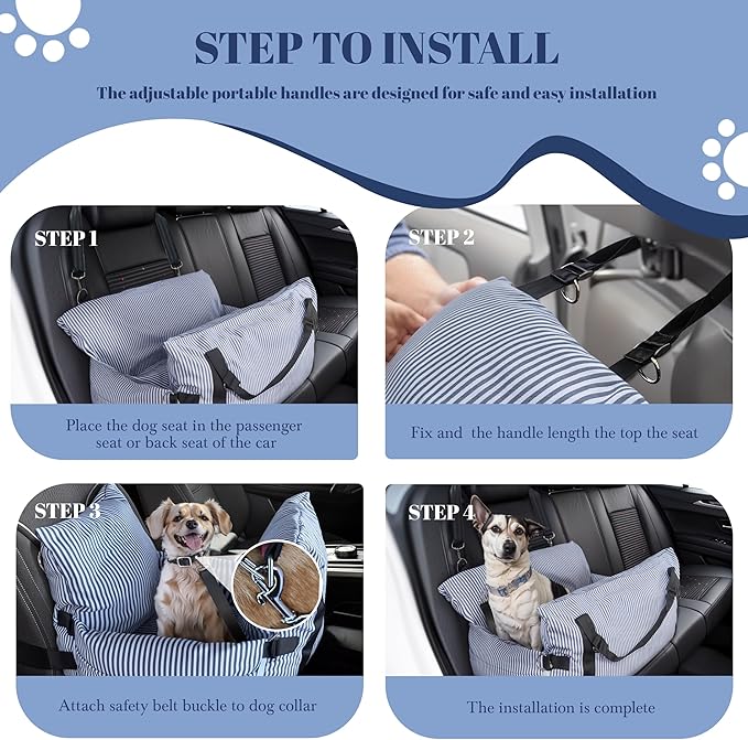 Daneey Dog Car Seat for Medium Dogs, Dog Booster Seat for Car, Fully Detachable Washable Dog Car Bed for Car Travel, Non-slip Safety Pet Car Seat with Seat Belt, Blue