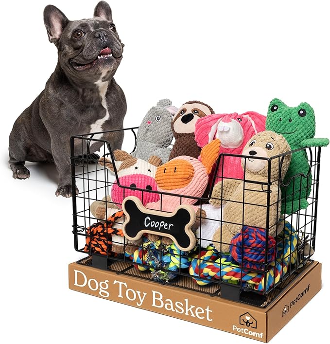Dog Toy Basket for Dogs and Cats (15” x 10” x 9”) - Heavy-Duty Carbon Steel Storage Bin Holds Pet Chew Toys, Bones, Ropes, Blankets, Towels, Treats - Dog Toy Box for Living Room Area Organization
