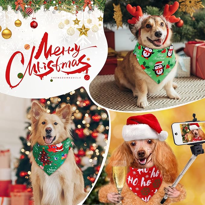 Preboun 50 Pcs Christmas Dog Bandanas Bulk Red and Green Bandanas for Dogs Triangle Kerchief Bibs Scarf Set for Pet Xmas Costume Photo Props Accessories Pet Shops, 25 Styles (31.5 x 21.7 x 21.7)