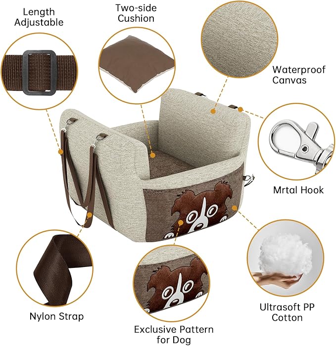 Dog Car Seat for Small Dogs,Waterproof Dog Booster Car Seat with Storage Pockets,Pet Carseat Puppy Travel Carrier Bed,Thickened Memory Foam Filling, Beige & Brown