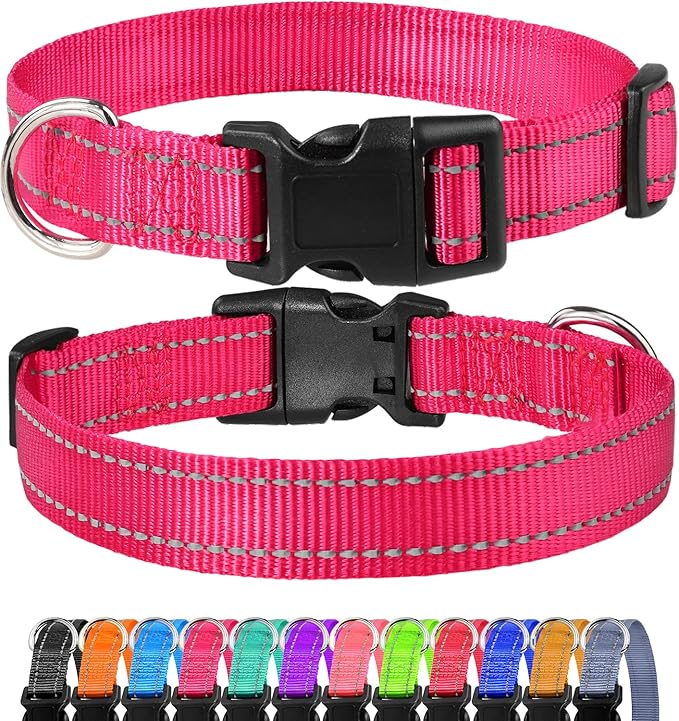 FunTags Reflective Dog Collar, Sturdy Nylon Collars for Puppy and Extra Small Girl and Boy Dogs, Adjustable Dog Collar with Quick Release Buckle,Pink,5/8" Width