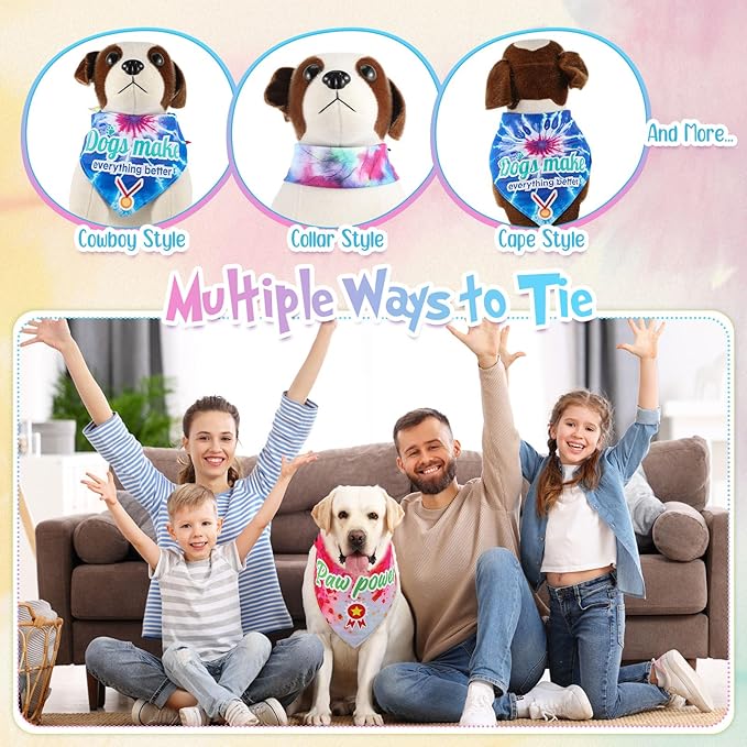 Sweetude 100 Pcs Tie Dye Dog Bandanas Bulk with Sayings Pet Triangle Scarf Bibs Washable Puppy Kerchief Adjustable Grooming Supplies for Small Medium Large Dog Cat Costume Accessories