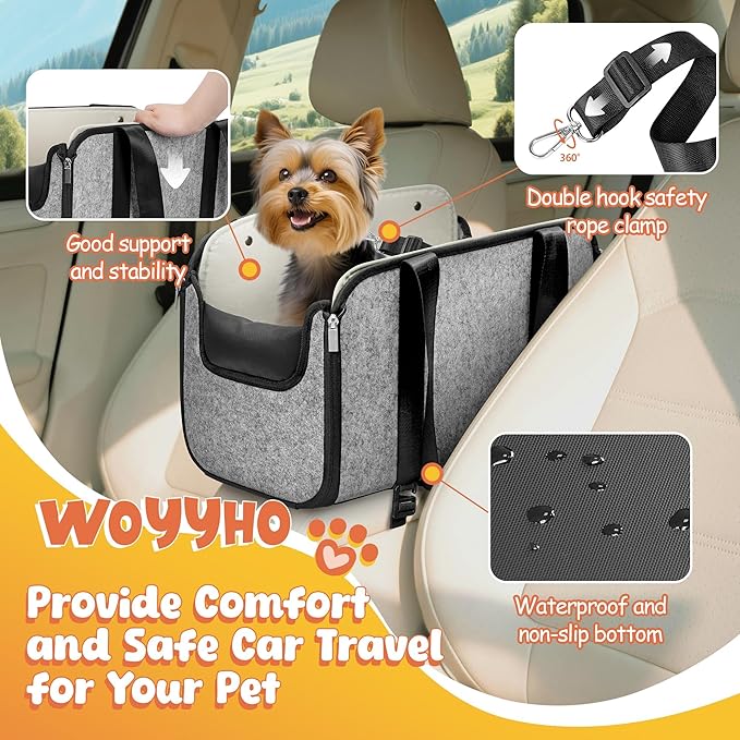 WOYYHO 16 lbs Console Dog Car Seat with Removable Liner, Center Console (Width >9in) Dog Carseat with Front Rear Pillows, Foldable Puppy Car seat with Safety Tether, Stable No Shaking Gray