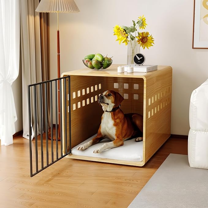 Wooden Furniture Dog Crate for Medium & Small, Solid Wood Puppy Crates for Small Indoor, Decorative Dog Kennel Indoor with Door, Pet House End Table for Bedroom, Living Room, Natural