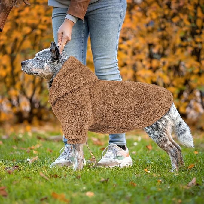 Fuzzy Dog Sweaters for Large Dogs Dog Hoodie Soft Double-Sided Plush Pet Sweater Fleece Pet Clothes Coats Hoodie Sherpa Hooded Sweatshirt(Coffee-XL)