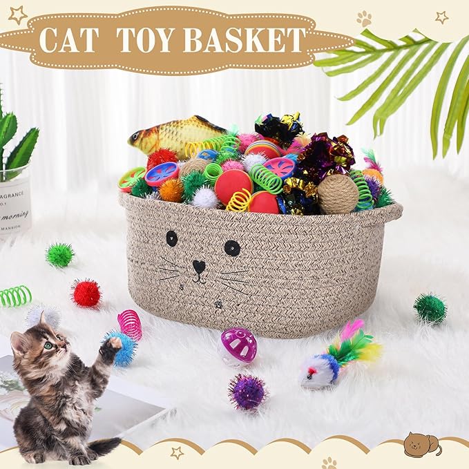 Zopeal 58 Pcs Cat Storage Basket Gift Toys Set, Colorful Flashing Balls Pet Bell Crinkle Balls Spring Toys Attract Cat to Swat, Hunt, Interactive for Pet(Dark Brown,12 Inch)