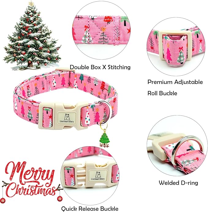 Lionheart glory Christmas Dog Collar, Pink Christmas Tree Fall Cute Dogs Collar Adjustable Soft Comfortable Collars for Small Dogs Girl or Boy Pet Gift