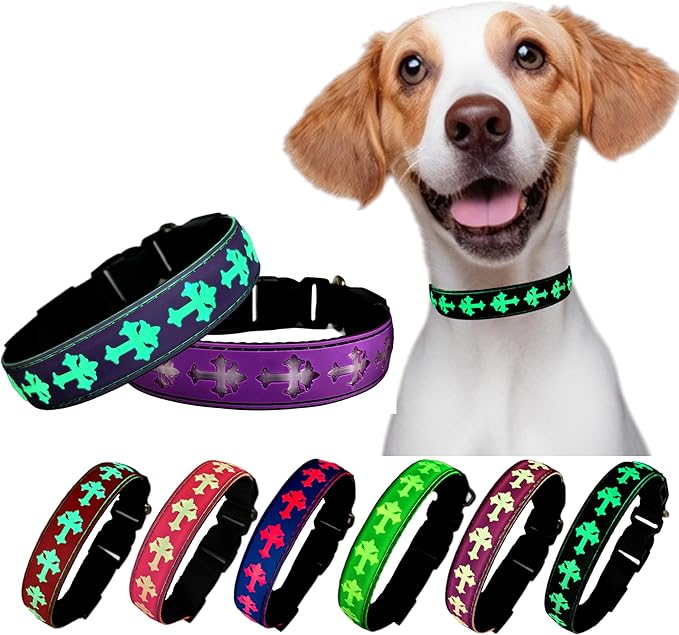 Pet Collar with AirTag Holder and ID Tag, 15 Lighting Modes, Waterproof Cross Pattern Design, Multiple Colors (Purple, S(7.87-11.8"))