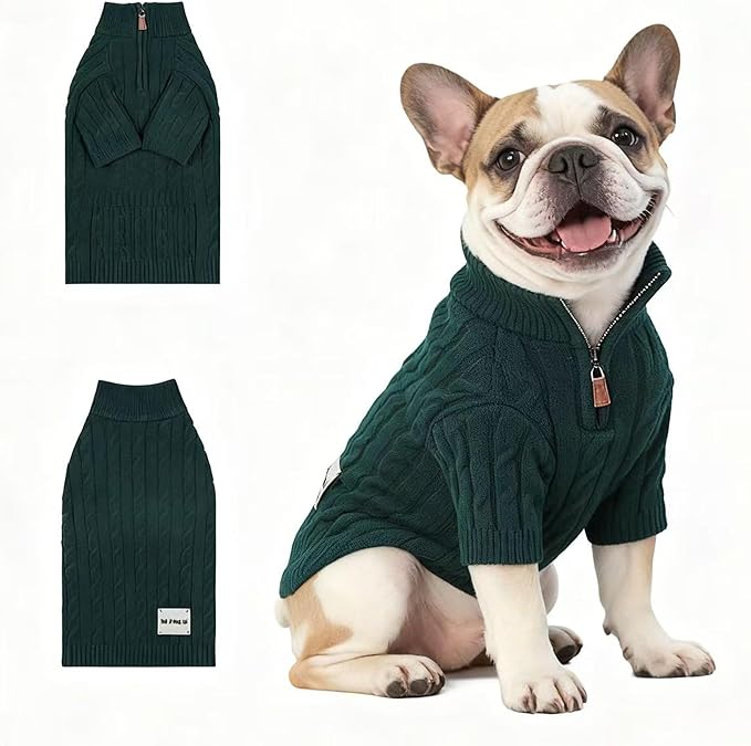 Small/Medium Dog Sweater, Warm Dog Winter Coat w/Sleeves, Comfortable High Neck Premium Dog Clothes for Bulldog-Best for Holidays, Daily Walks L Green