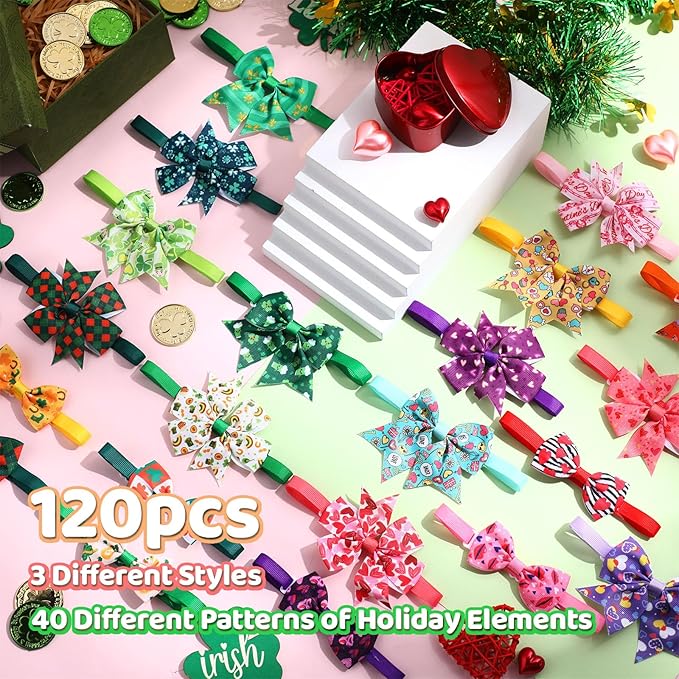 Ceenna 120 Pcs Valentine‘S Day Dog Bow Ties Collar Bulk Red Pink Cat Ties Collars St. Patrick's Day Shamrock Irish Adjustable for Pet Dog Puppy Festival Hair Bow Grooming Accessories