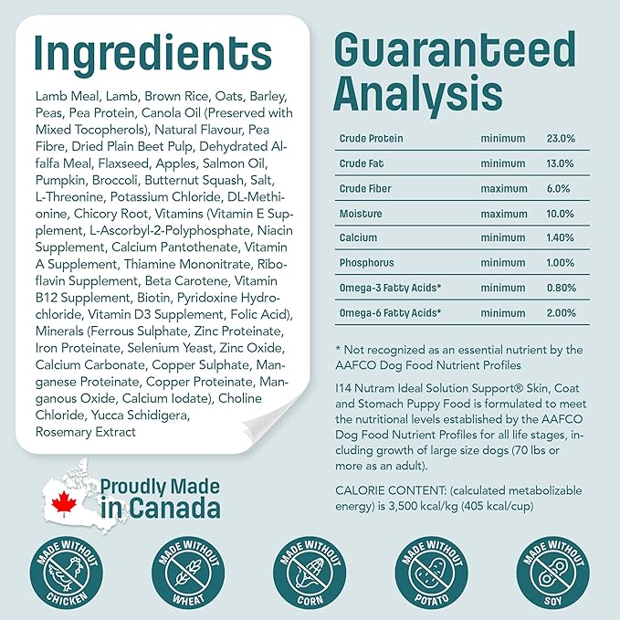 I14 Puppy Dog Food with Lamb & Brown Rice - Skin, Coat & Sensitive Stomach Dog Food with Pumpkin, Omega-3 Rich Salmon Oil & Flaxseed for Shiny Coat & Immunity - Chicken Free Puppy Food (25 lb)