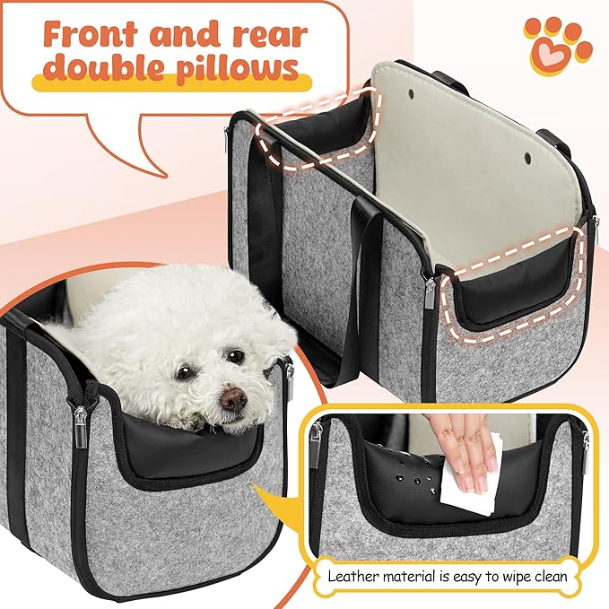WOYYHO 16 lbs Console Dog Car Seat with Removable Liner, Center Console (Width >9in) Dog Carseat with Front Rear Pillows, Foldable Puppy Car seat with Safety Tether, Stable No Shaking Gray