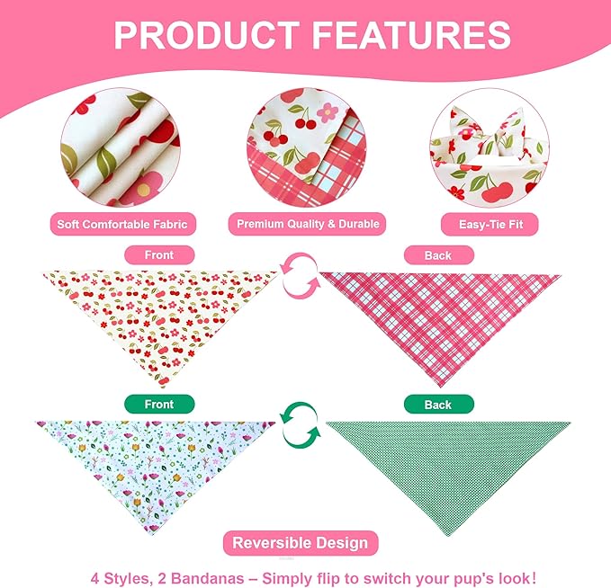 Floral Dog Bandanas 2-Pack for Medium to Large Dogs 14-18" Neck - Reversible Plaid Scarf, Pink Green Pet Accessory for Spring Summer