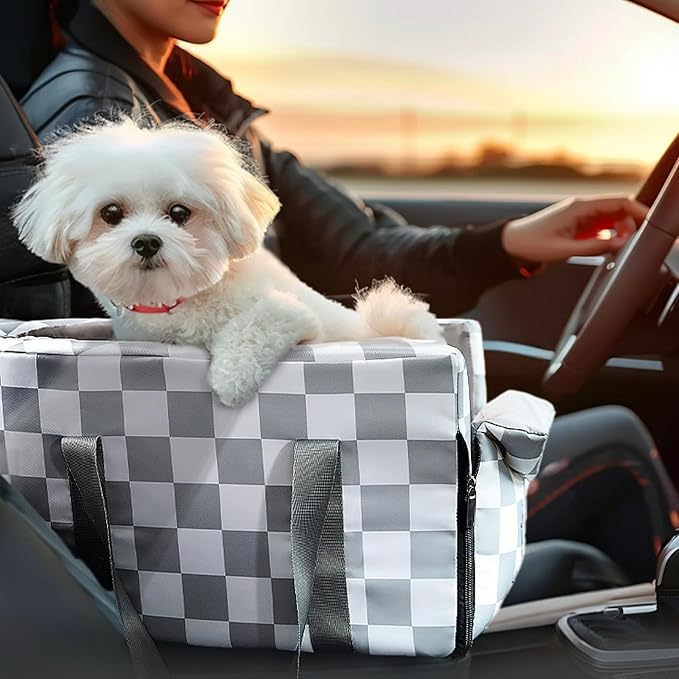 Center Console Dog Car Seat for Pets Up to 15 lbs, Detachable, Washable Cushion, Anti-Slip, Perdurable Oxford Fabric Dogs Cats Portable Travel Carrier, Safety Belt Leash (Grey Plaid, 45cm*25cm*22cm)