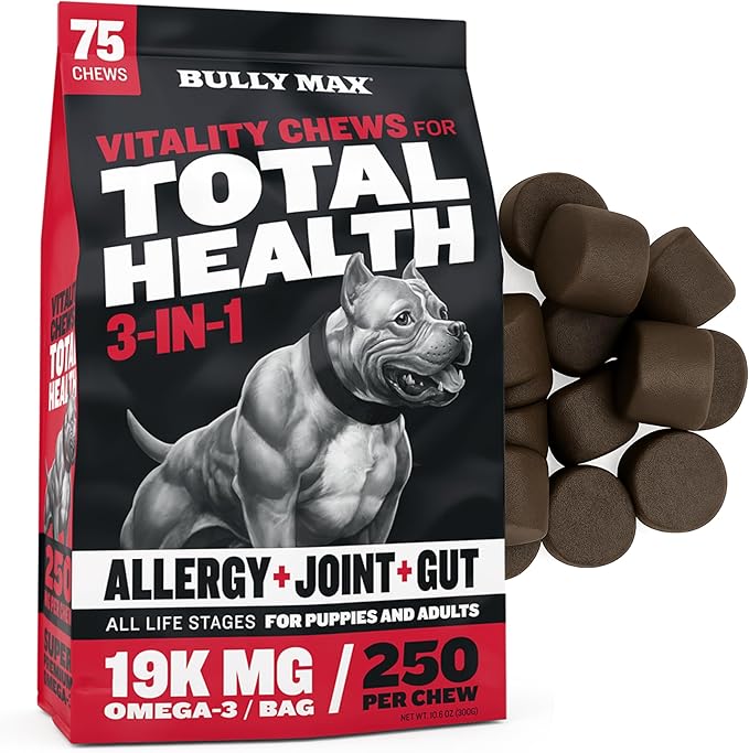 Bully Max Dog Chews & Multivitamin Treats for Puppy & Adult Dogs - 75 Soft Chews, Dog Supplements & Vitamins for All Breeds - Skin, Coat, Brain, Heart, Digestive Health, Immunity, Joint Support