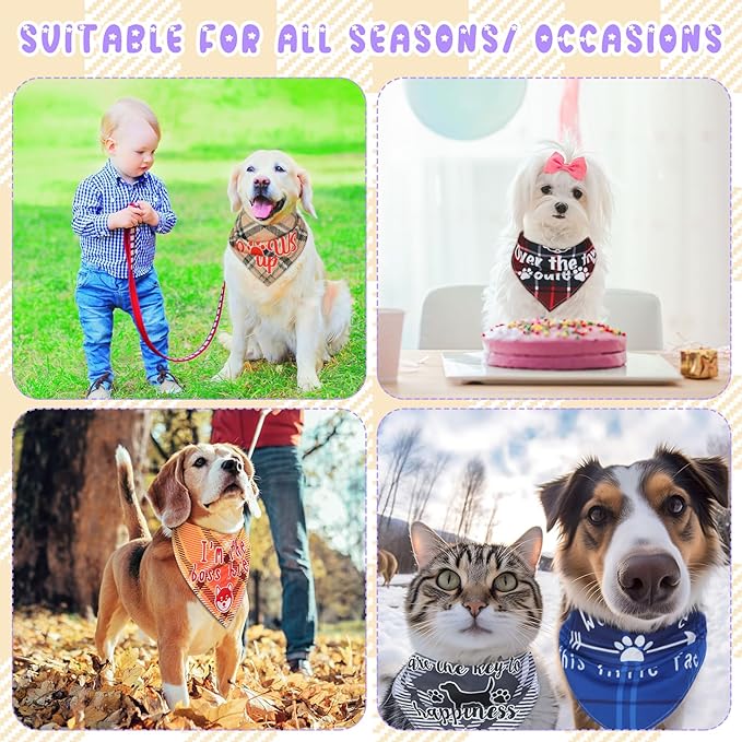 Sweetude 100 Pcs Plaid Dog Bandanas Bulk Paw Print Dog Scarf Bibs Puppy Pet Bandanas with Captions Adjustable Cat Outfit Washable Triangle Scarf Kerchief for Small to Medium